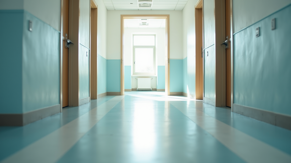 Eye-level view of a bright hallway with wide doorways and non-slip flooring