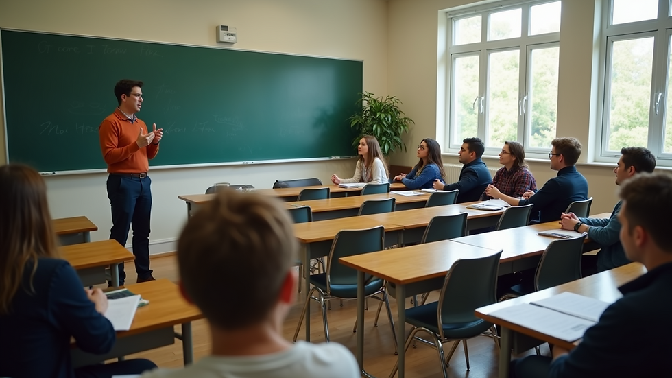High angle view of a classroom with students interacting with a community guest speaker
