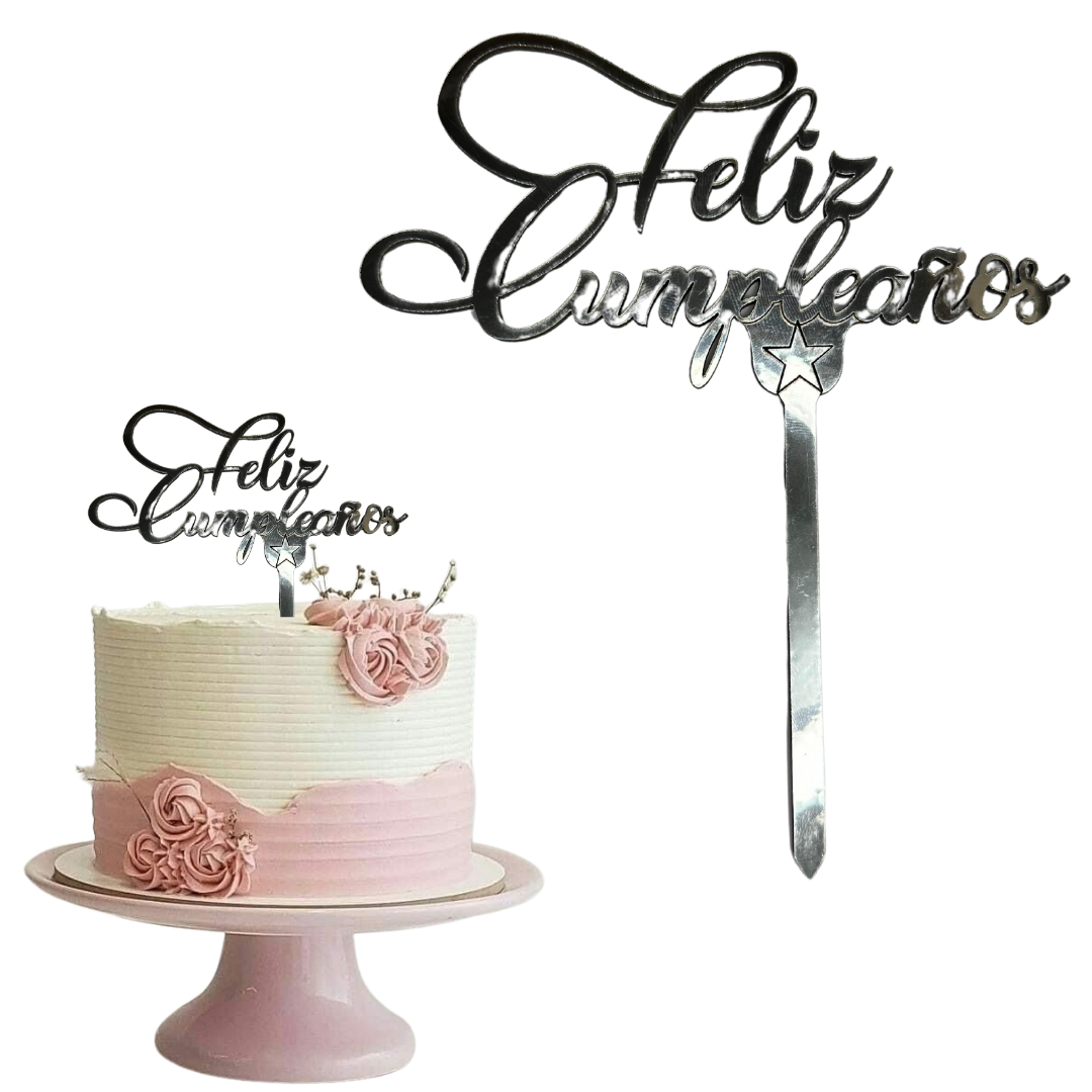 TOPPER FELIZ CUMPLEAÑOS FELIZ CUMPLEAÑOS LETTERING PLATEADO