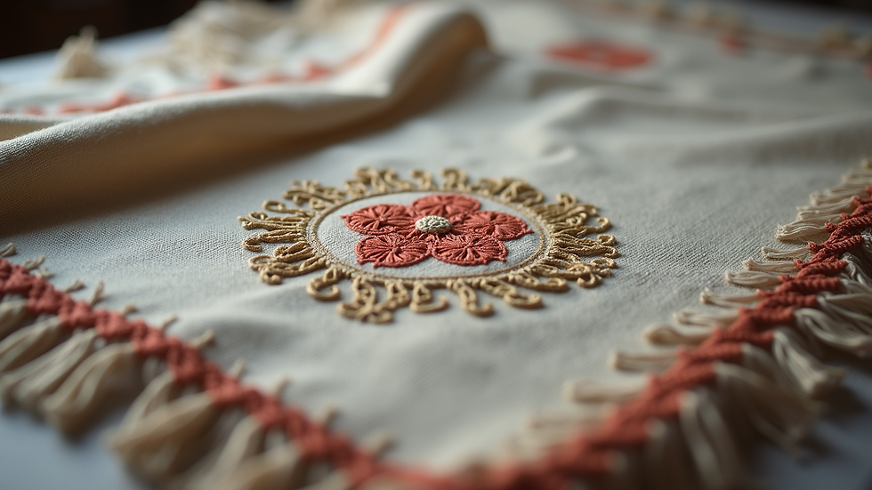 Eye-level view of a handwoven fabric with intricate embroidery