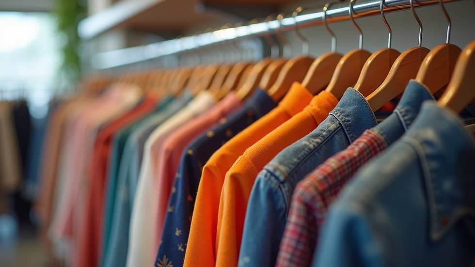 Eye-level view of a clothing rack displaying vibrant and stylish garments