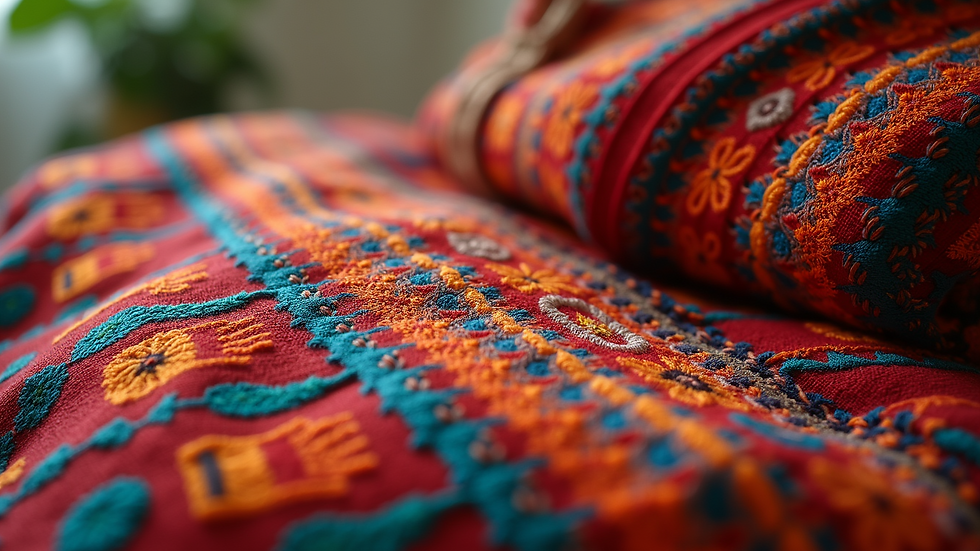 Close-up view of colorful yila fabric with detailed embroidery