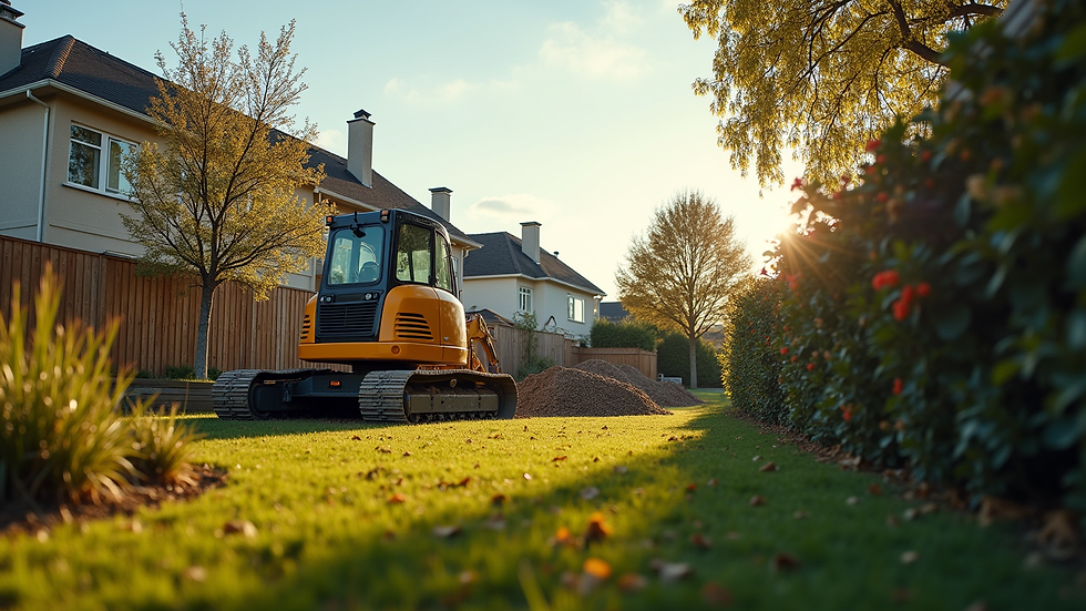 Eye-level view of a residential backyard with excavation equipment