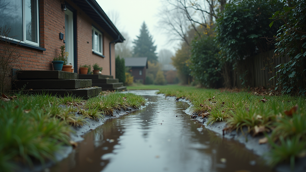 Eye-level view of a soggy backyard with standing water near the house