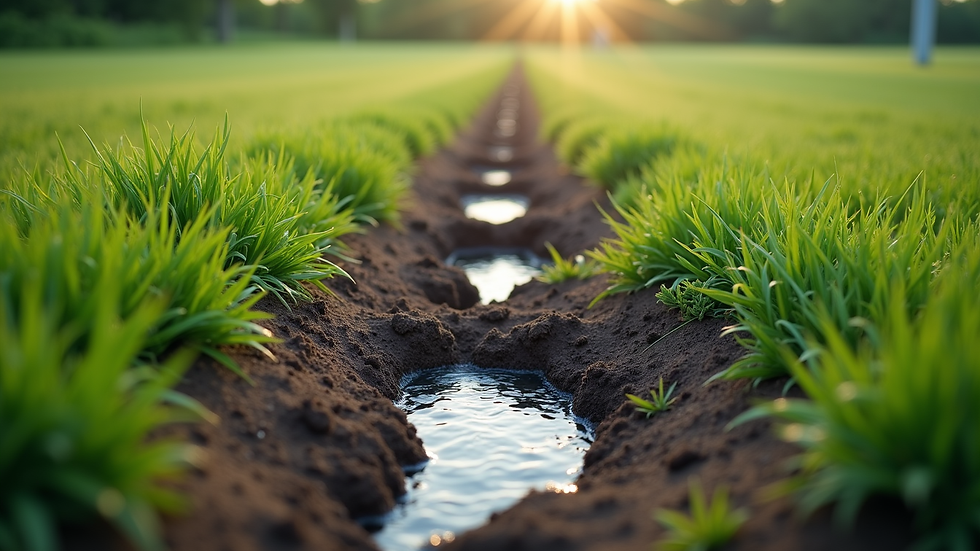 Close-up view of a septic system drain field with green grass