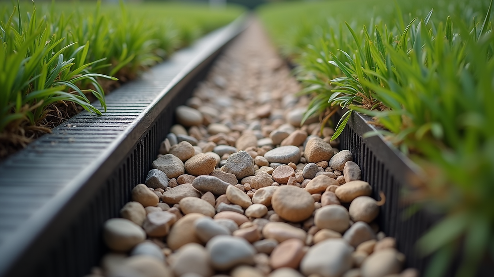 High angle view of a French drain trench filled with gravel in a residential yard