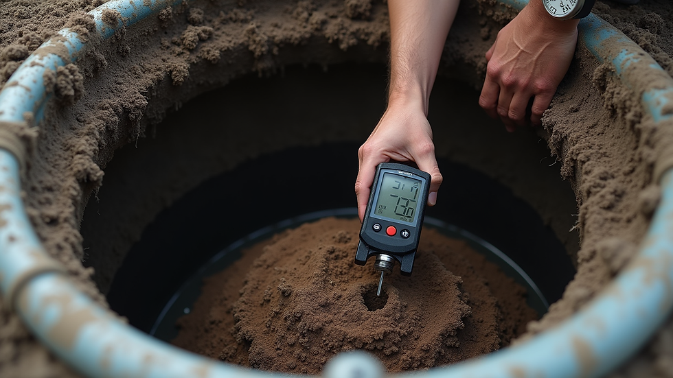 Close-up view of a septic system inspector measuring sludge levels inside a septic tank