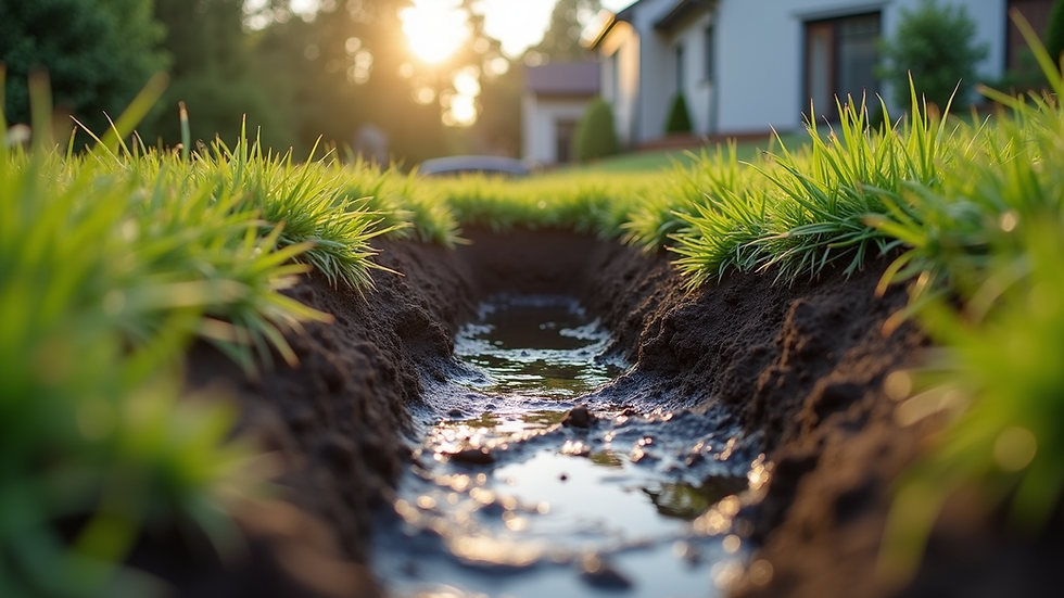 Eye-level view of a septic tank inspection in a residential backyard