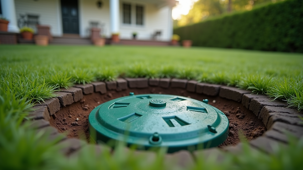Eye-level view of a septic tank lid being inspected in a residential backyard
