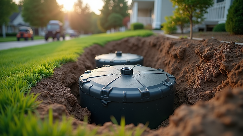 Close-up view of a septic tank being installed in a residential yard