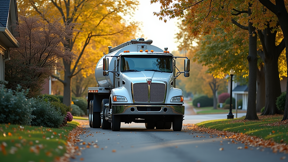 Eye-level view of a septic service truck parked on a residential driveway