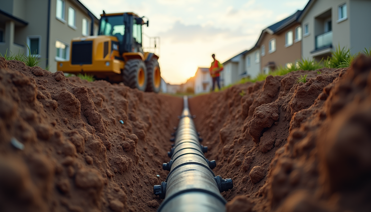 Eye-level view of a trench being excavated for sewer pipe installation in a residential area of Walnut Grove BC