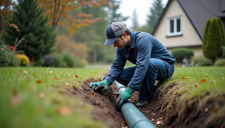 Eye-level view of a professional inspecting a residential septic system pipe outdoors