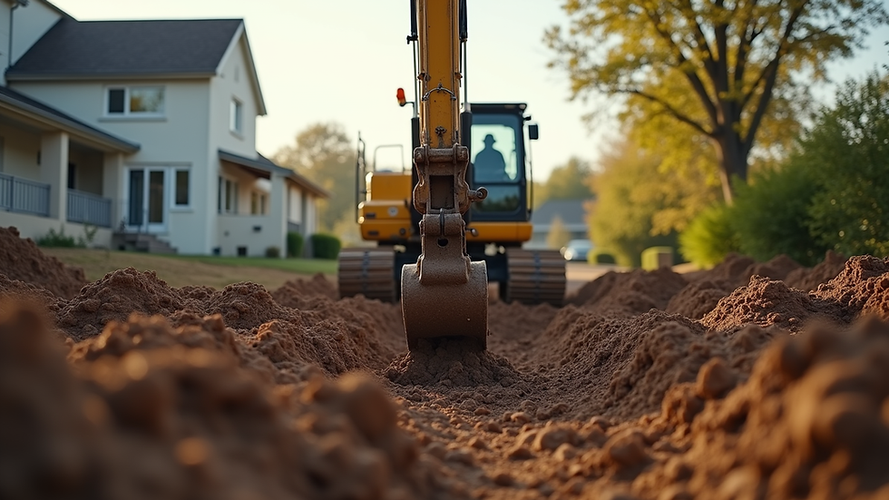Eye-level view of excavation machinery digging a residential yard