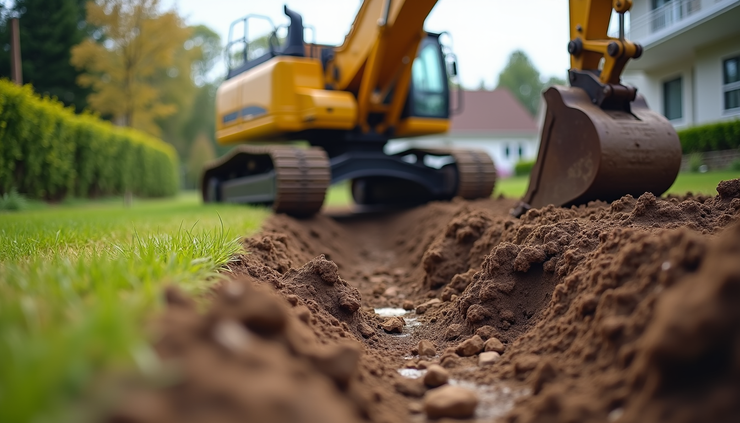 Eye-level view of excavation machinery digging a trench for drainage installation in a residential backyard in Walnut Grove BC