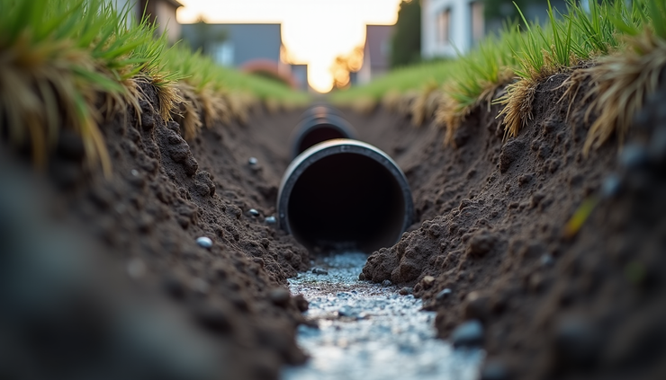 Close-up view of a sewer pipe being repaired underground in a residential area