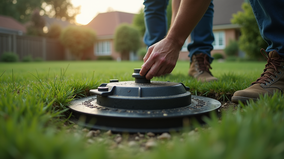 Eye-level view of a septic tank lid being inspected in a residential backyard