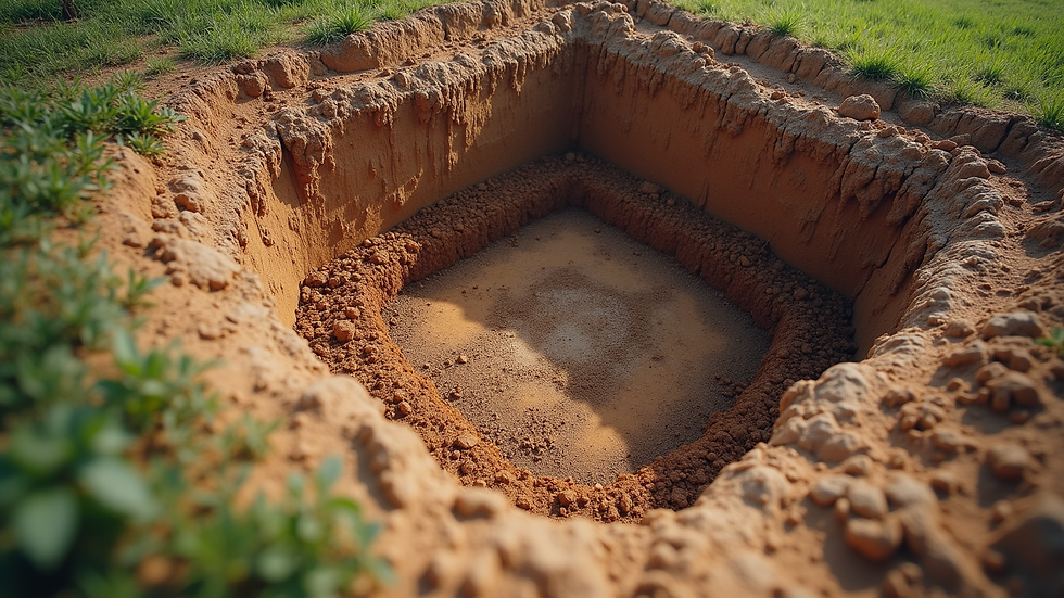 High angle view of excavation work around a house foundation