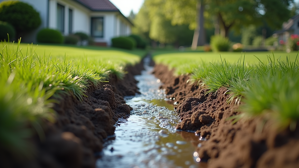 High angle view of a clean and well-maintained septic drain field in a residential backyard