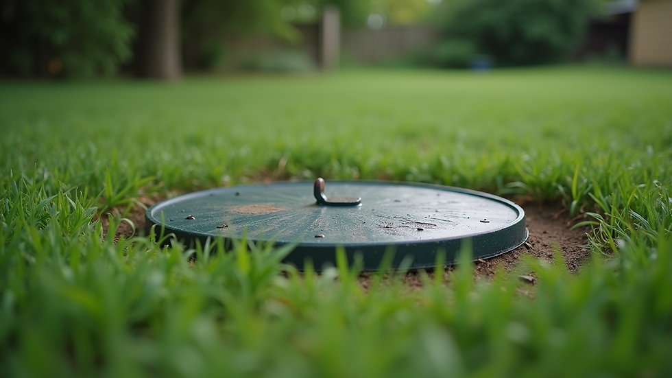 Close-up view of a septic tank lid partially open in a grassy yard