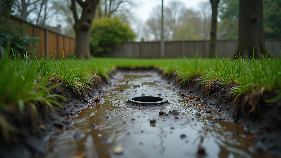 Eye-level view of a backyard with soggy ground near a septic tank area