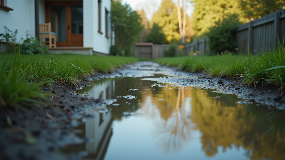 Eye-level view of a backyard with standing water near the house foundation