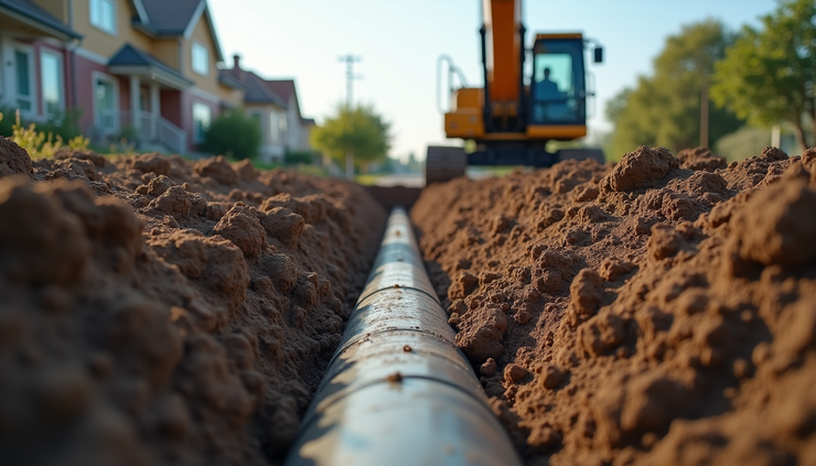 Eye-level view of a sewer pipe excavation site in a residential area of Walnut Grove