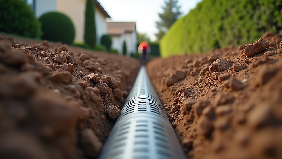 Eye-level view of a drainage trench being installed in a residential backyard in Walnut Grove