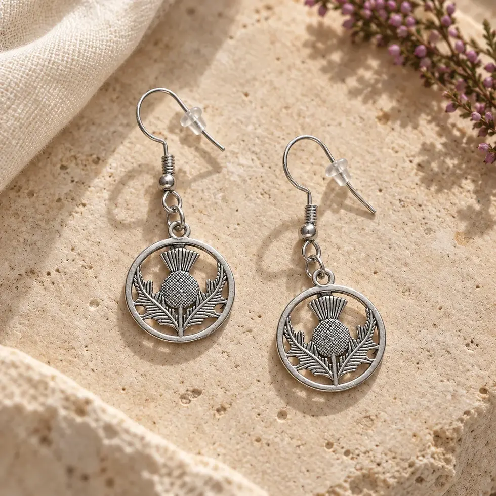 Pair of openwork Scottish thistle earrings displayed on pale stone beside linen and heather