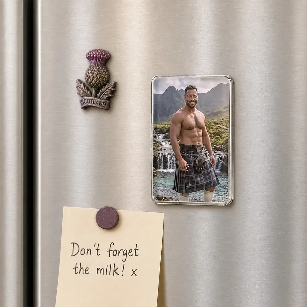 Men in Kilts Karl fridge magnet displayed on a fridge in a stylish kitchen setting