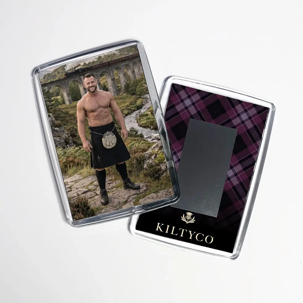 Men in Kilts Darren fridge magnet on a white background showing the front and back design