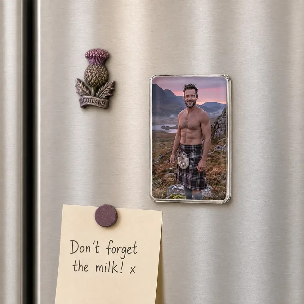 Men in Kilts Kyle fridge magnet displayed on a fridge in a stylish kitchen setting