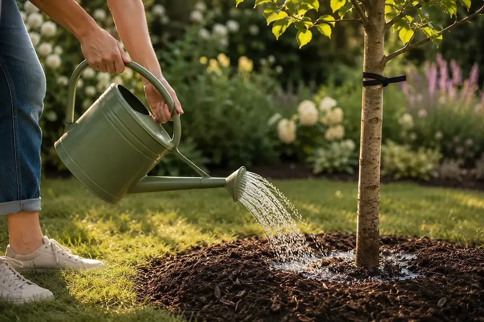 Watering a newly planted tree during dry summer weather