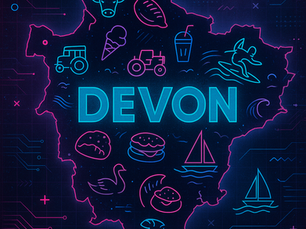 Neon map of Devon featuring icons for farming, tourism, surfing, and digital design with “DEVON” in bold letters