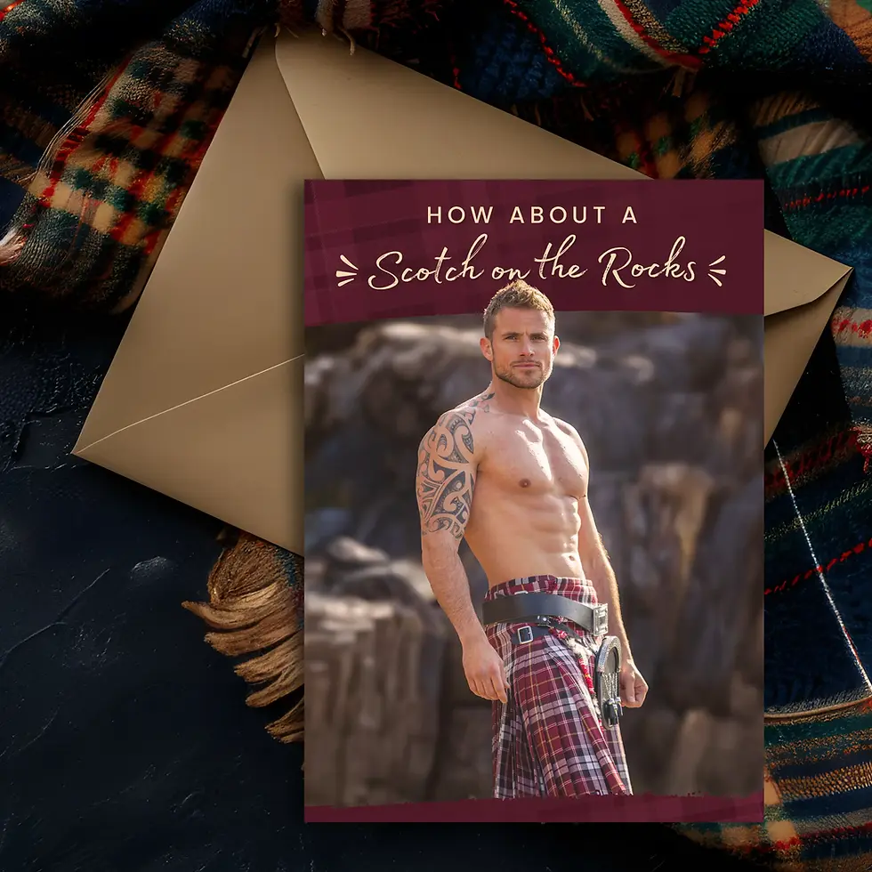 Scotch on the Rocks cheeky Scottish greeting card by Kiltyco with kraft envelope