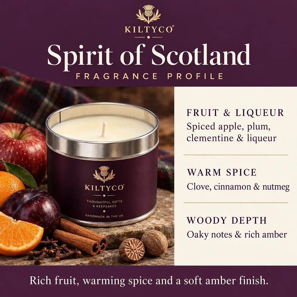 Spirit of Scotland fragrance profile: spiced apple, plum, clementine, liqueur, clove, cinnamon, nutmeg, oak and amber