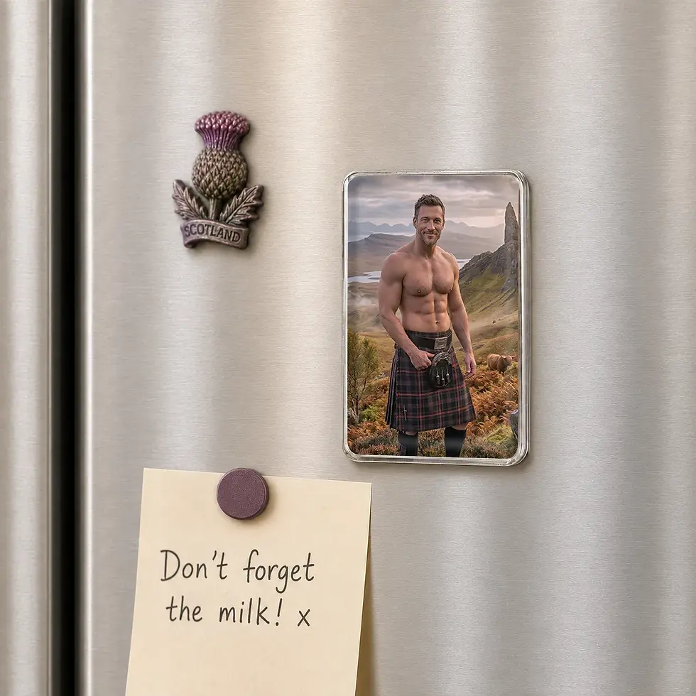 Men in Kilts Alex fridge magnet displayed on a fridge in a stylish kitchen setting