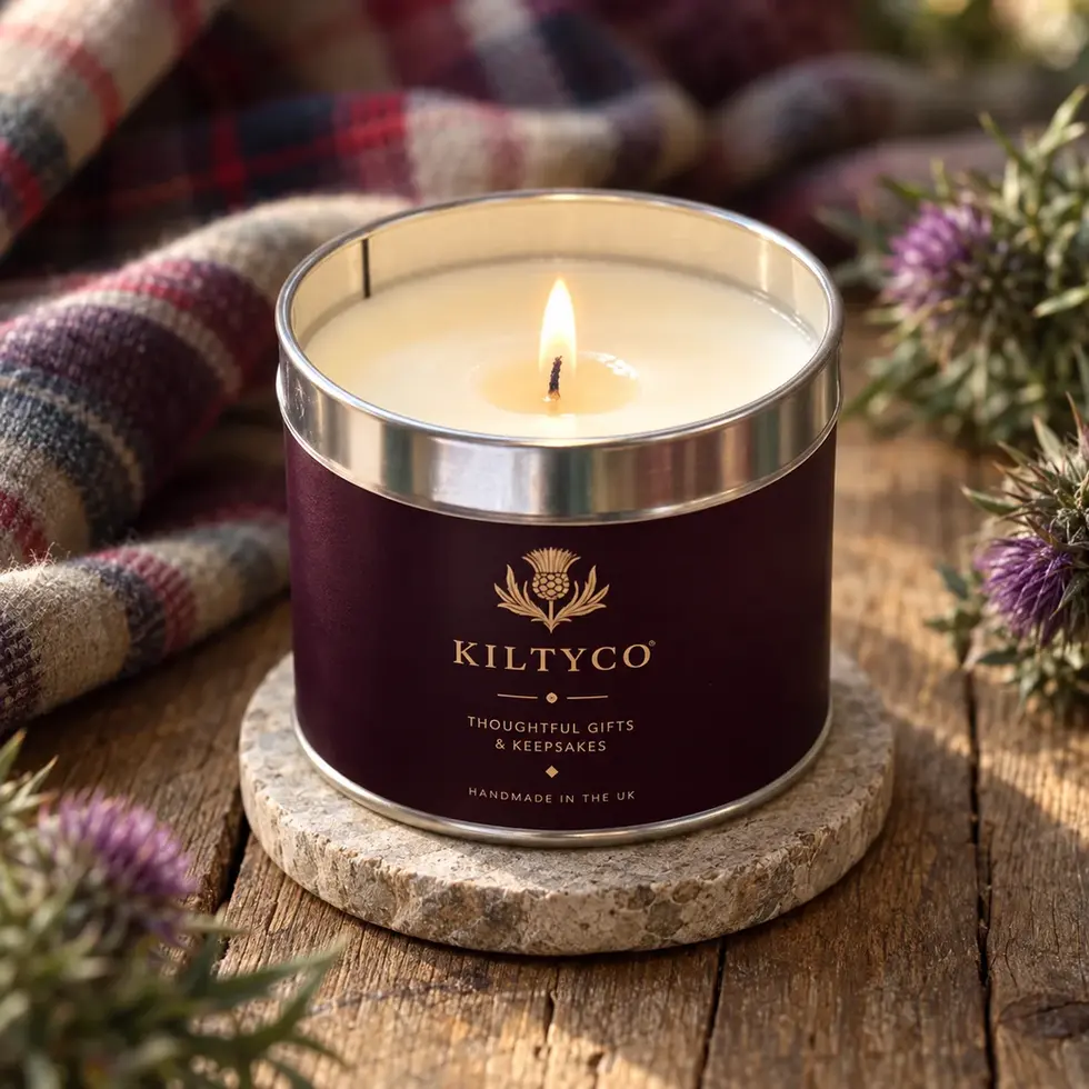 Lit Spirit of Scotland candle in a plum-and-gold Kiltyco tin, styled with tartan and thistles