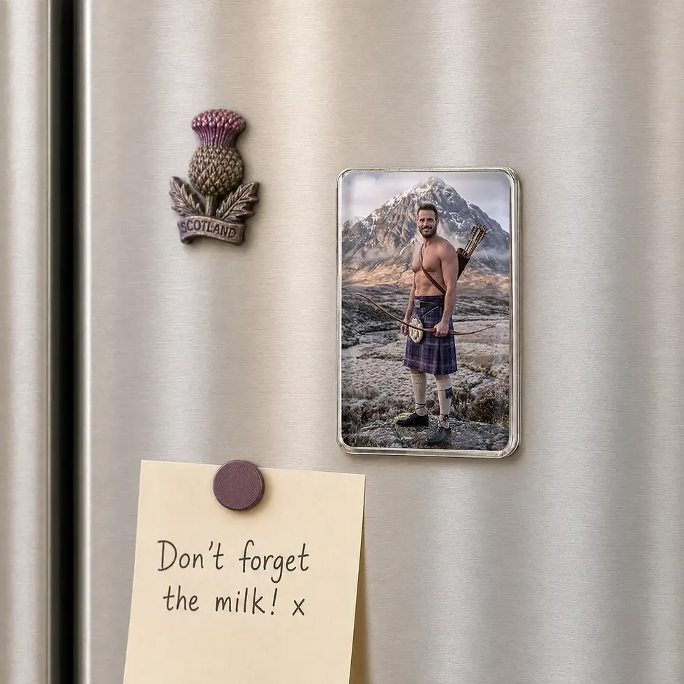Men in Kilts Mike fridge magnet displayed on a fridge in a stylish kitchen setting