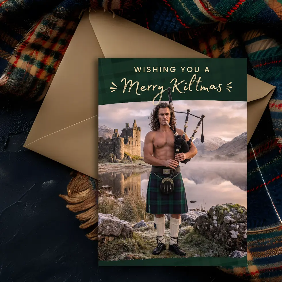 Merry Kiltmas funny Scottish Christmas card by Kiltyco with kraft envelope