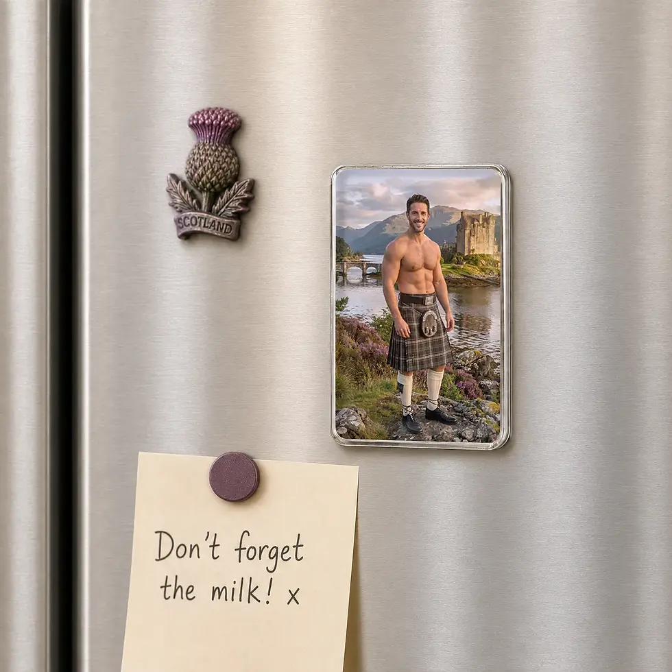 Men in Kilts Tom fridge magnet displayed on a fridge in a stylish kitchen setting