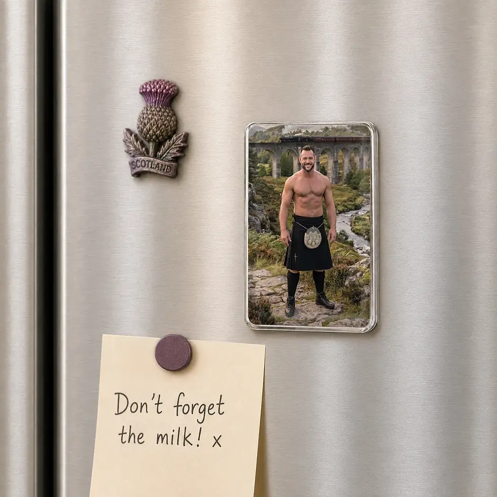 Men in Kilts Darren fridge magnet displayed on a fridge in a stylish kitchen setting