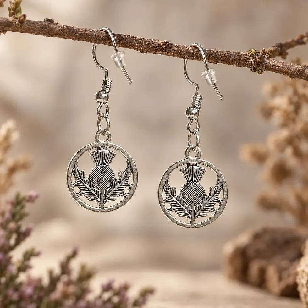 Pair of silver-tone openwork Scottish thistle drop earrings hanging from a branch