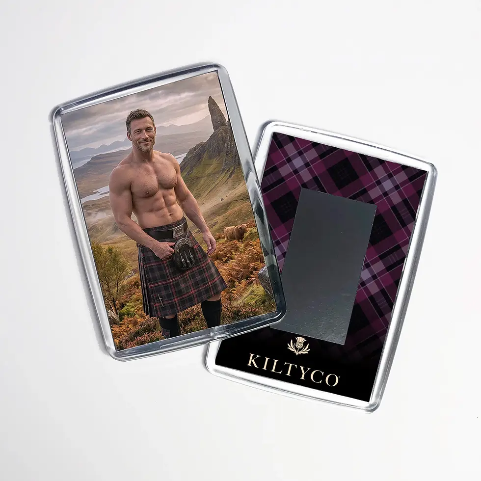Men in Kilts Alex fridge magnet on a white background showing the front and back design