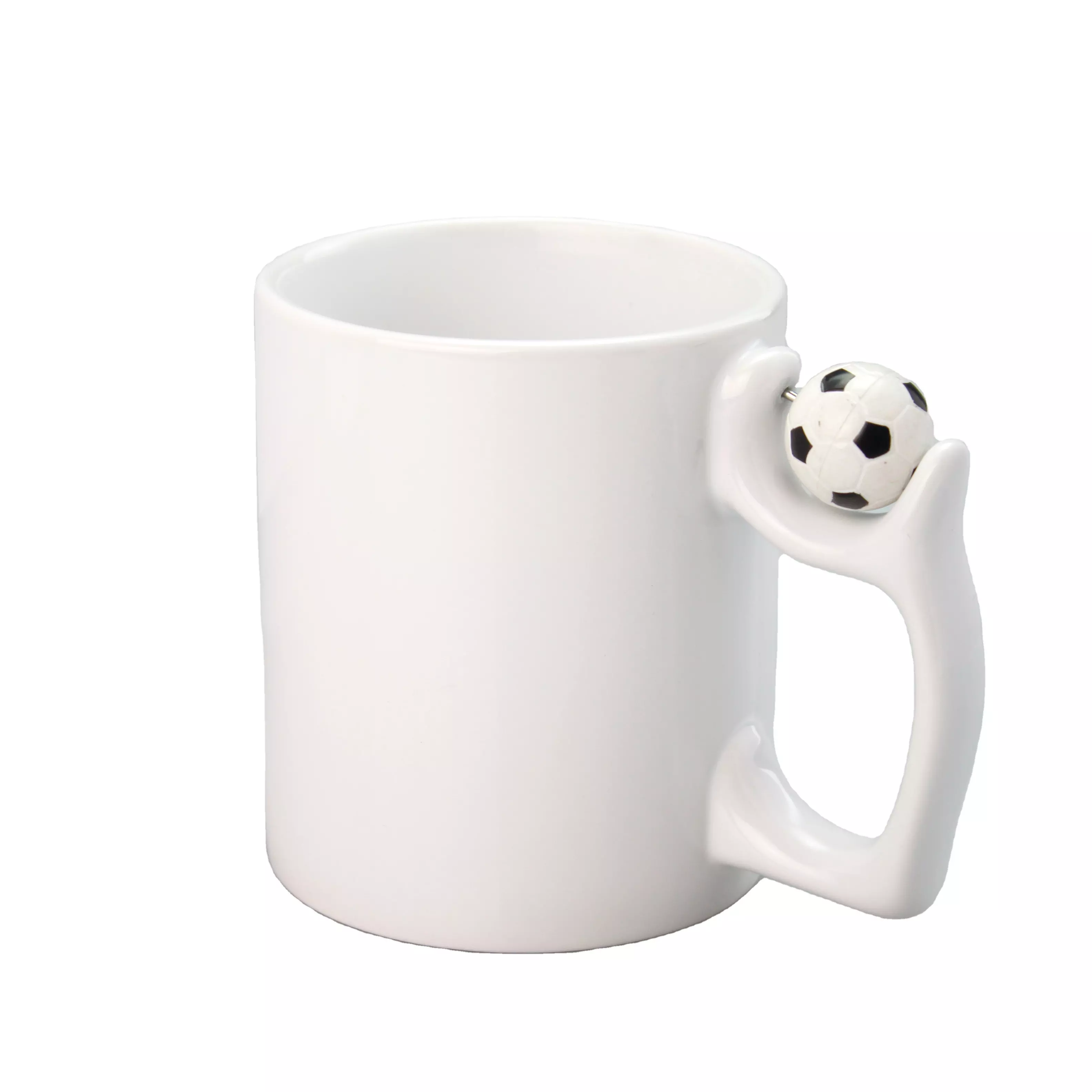 Taza blanca con agarradera de bola de fútbol