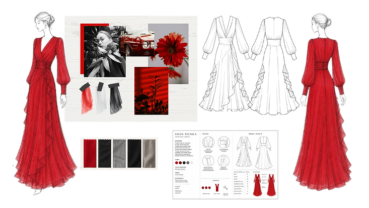 Collection Design Service Cover with sketches, flat sketch, fabric sample image, moodboard and colors blac, white and red.