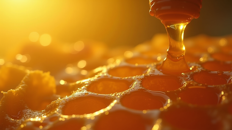 Close-up view of honeycomb with golden honey dripping