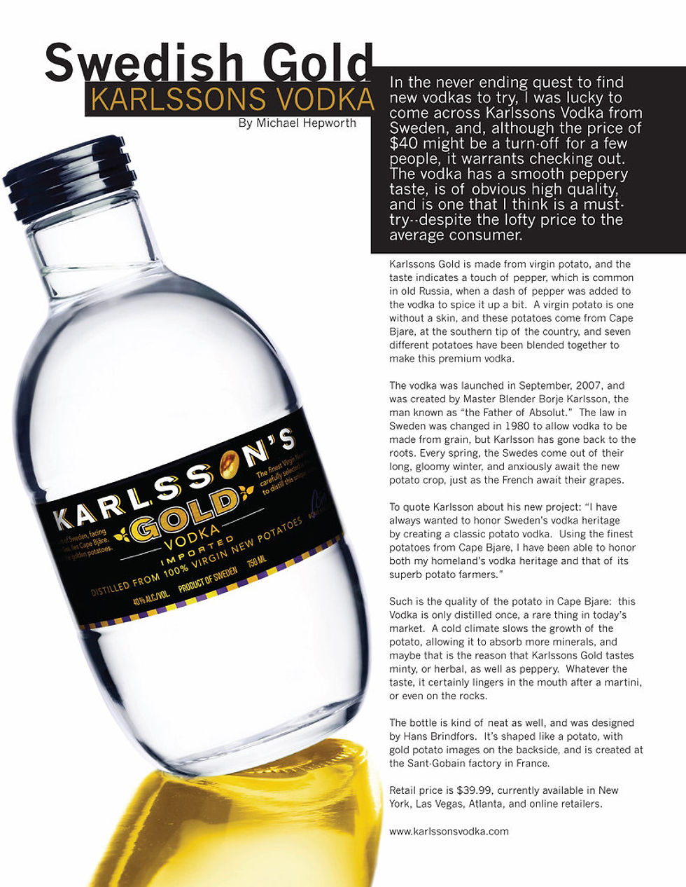 Karlsson's Vodka - one page article