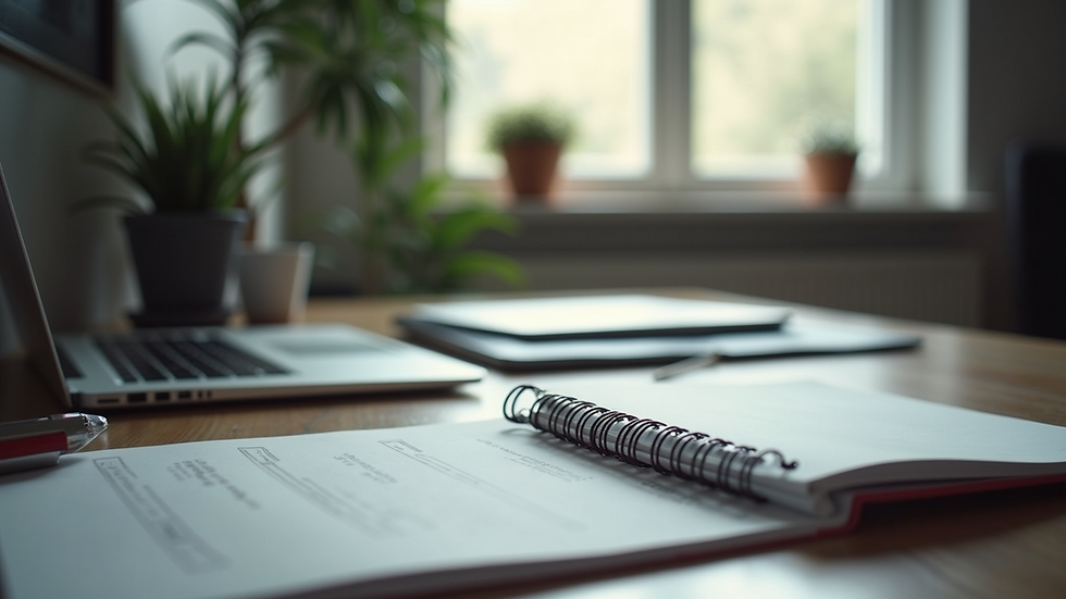 Eye-level view of a professional workspace with a laptop and notes