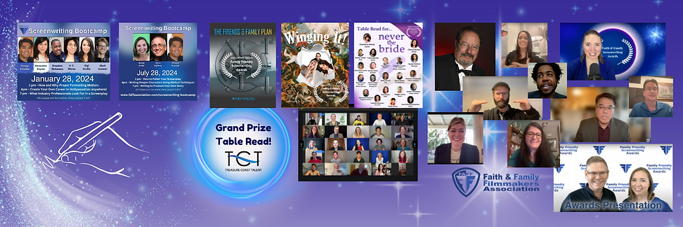 poster for the Faith and Family Screenwriting Awards, the best Christian screenwriting contest with a chance to win a professional table read for your screenplay. Shows instructors, laurels, past winners and the FAFF logo.